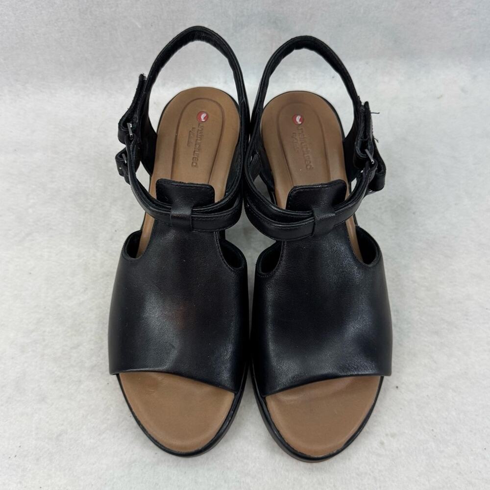 EUC Clarks Unstructured Black Leather Wedges Shoes Heels size 8.5 Worn Once